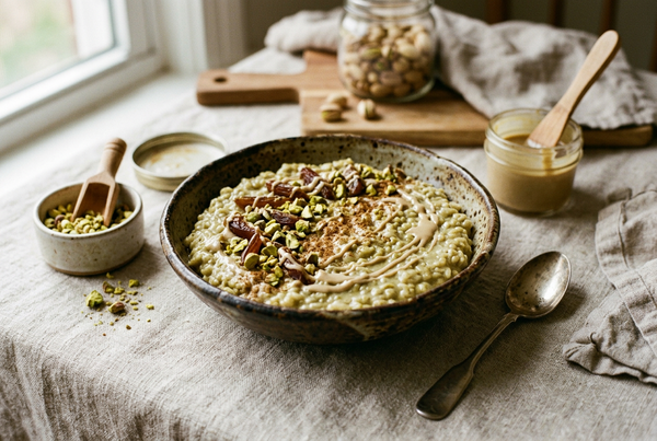 Pistachio Tahini-Date Rice Pudding