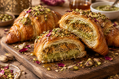 Pistachio Kunafa Stuffed Croissants