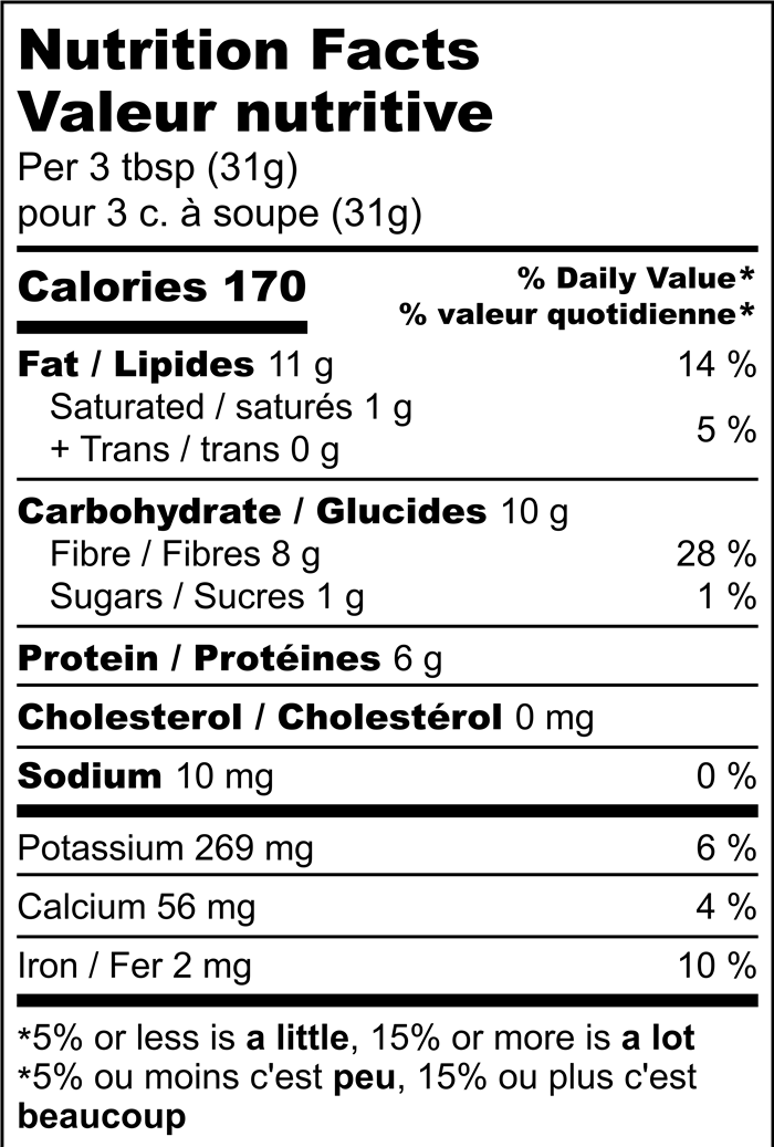 Nutrition Facts label for Flax Seed Spread