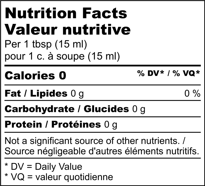 Nutrition Facts label for Rose Water Flavoring