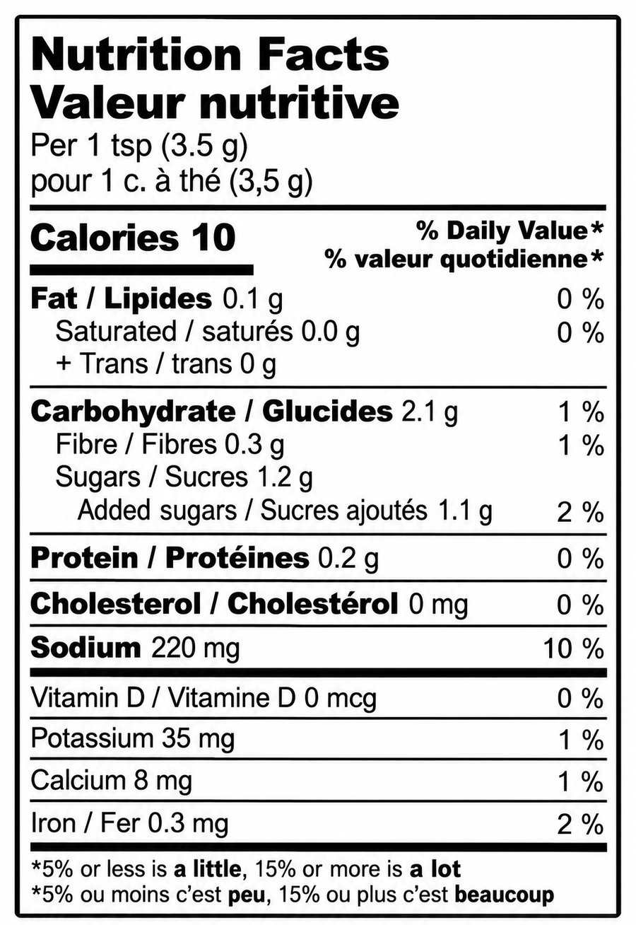 Nutrition Facts label for BBQ Meat Spice