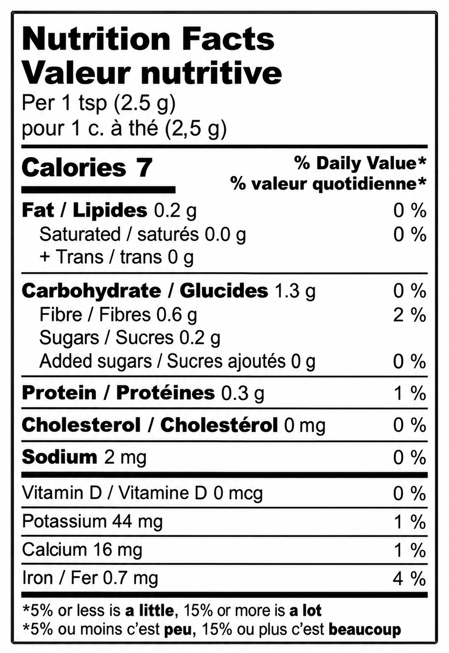 Nutrition Facts label for Lahm Ajeen Spice