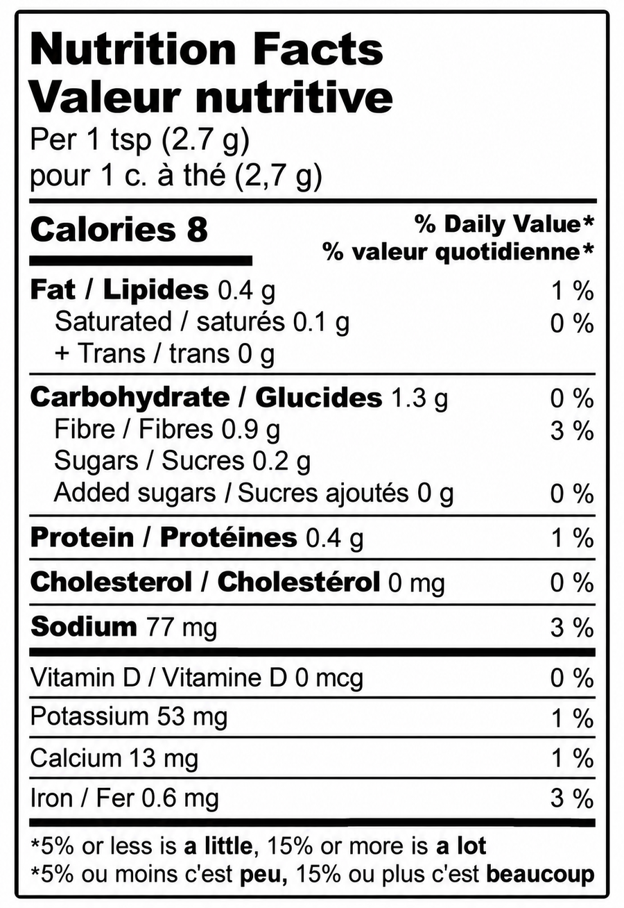 Nutrition Facts label for Sumac