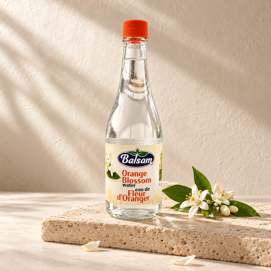 A bottle of Balsam Orange Blossom Water stands on a textured stone slab with white blossoms and green leaves beside it. The bottle is clear glass with a bright orange cap and a cream label, set against a warm beige wall with soft diagonal shadows.