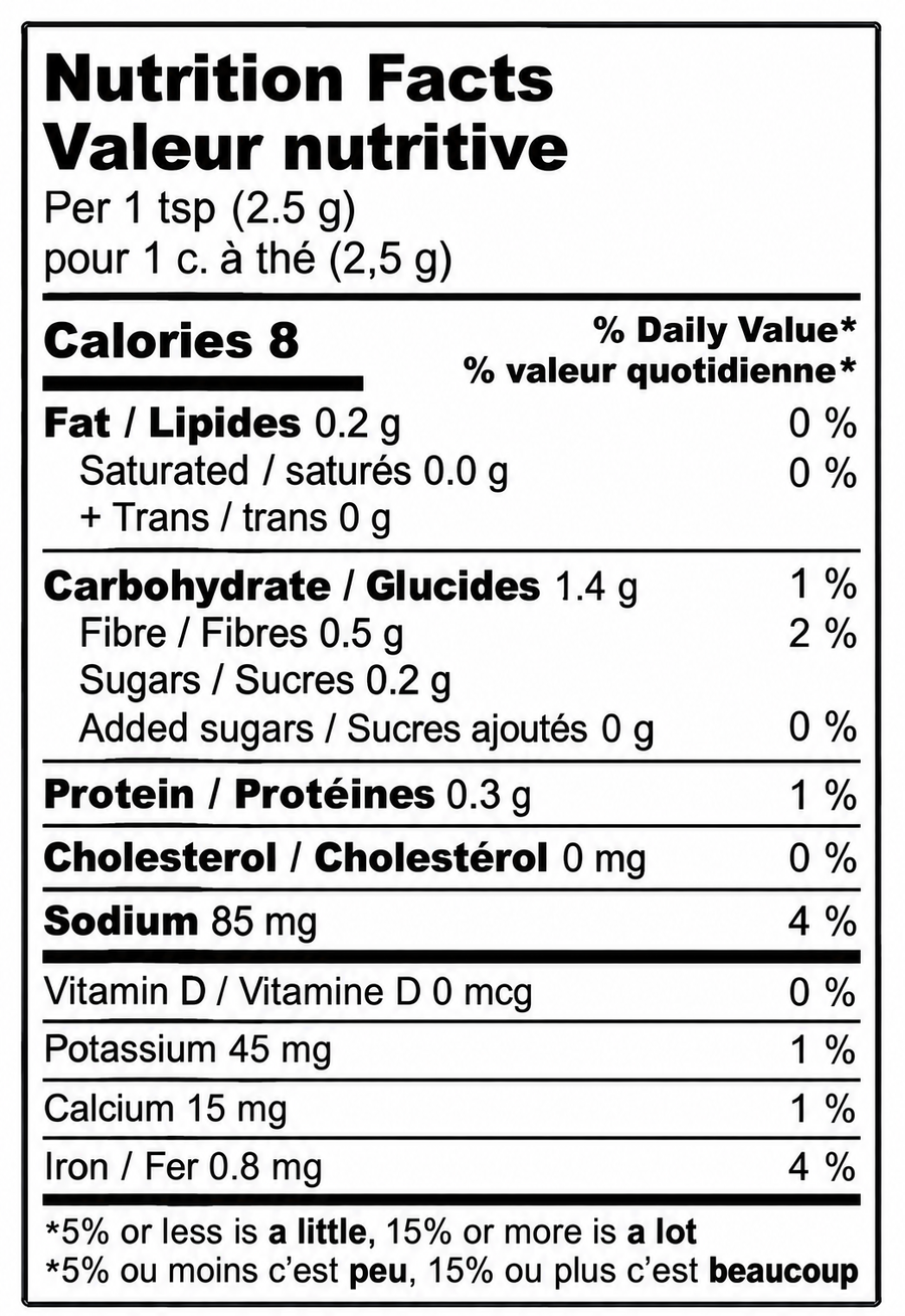 Nutrition Facts label for Seasonal Rice Spice